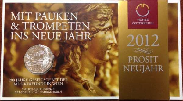 5 Euro 2012 Silber Ag 200 Jahre Musikfreunde in Wien Blister ANK Nr.21a
