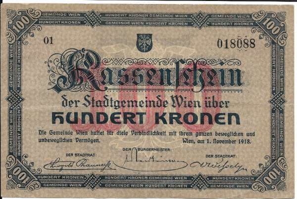 100 Kronen Wien Kassenschein 1.11.1918 Nr.01 018088