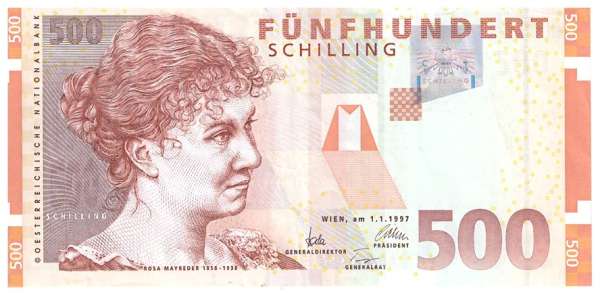 500 Schilling 1.1.1997 Rosa Mayreder Gebraucht Nr. AB 451106 E Pick 154