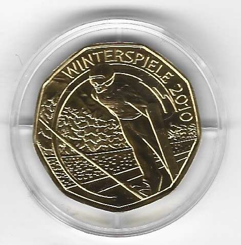 5 Euro 2010 Winterspiele Skispringer 5 Euro 24 Karat Vergoldet Silber