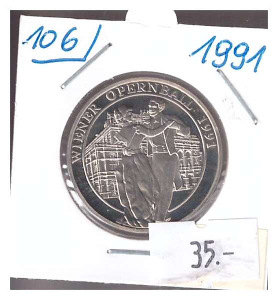 Nr. 106 Wiener Opernball Tanzpaar vor Oper 1991 Casinos Austria Silber Casino Jeton 100 Schilling