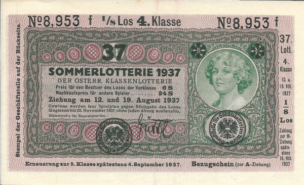 Donaustaat Note 10 Kronen mit Lotterieaufdruck 4.Klasse 1937 ANK193