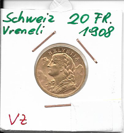 20 Franken 1908 Vreneli Schweiz Gold