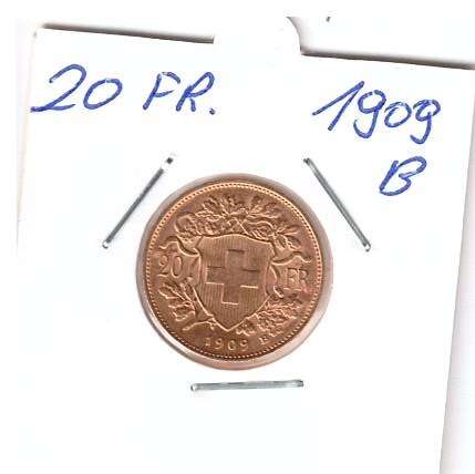 20 Franken 1909 B Vreneli Schweiz Gold