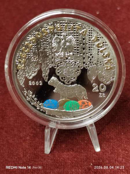 20 Zloty 2003 KM 452 - Lamm auf Ostereiernest - Farbapplikation PP Polen Silber