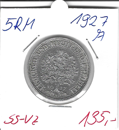 5 Reichsmark 1927 A "Eichbaum", Jg.331, Silber