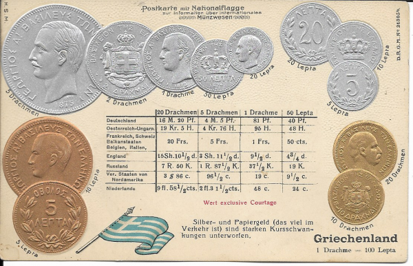 Präge-AK Griechenland, Nationalflagge und Münzen mit Umrechnungstabelle