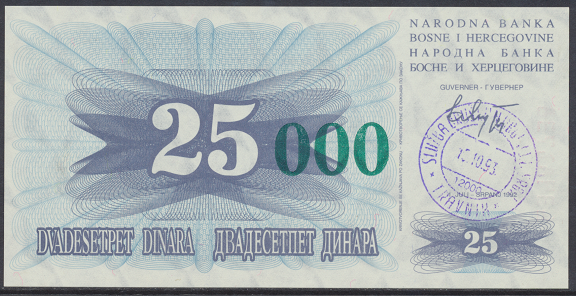 Bosnien Herzogowina- 25 000 Dinara 15.10.1993 unc - Pick Nr.54a Grün
