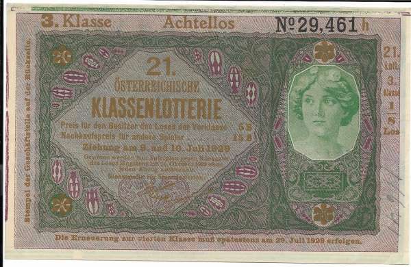 Donaustaat Noten 20 Kronen mit Lotterieaufdruck 3 Klasse 1929 ANK194-29461