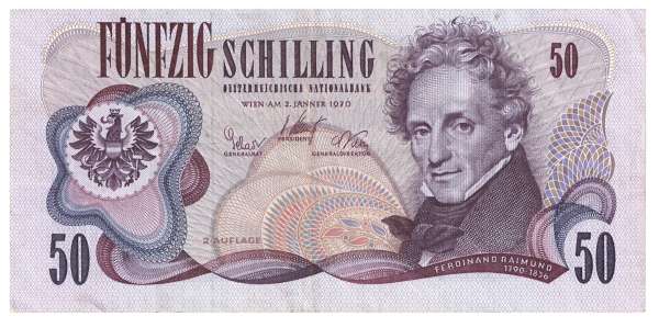 50 Schilling 2.1.1970 Ferdinand Raimund 2 Auflage M307087U ANK 284 Burgtheater