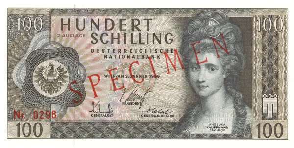 100 Schilling 2.1.1969 Angelika Kauffmann Specimen ANK 282 Bregenzerwälderhaus 2Auflage