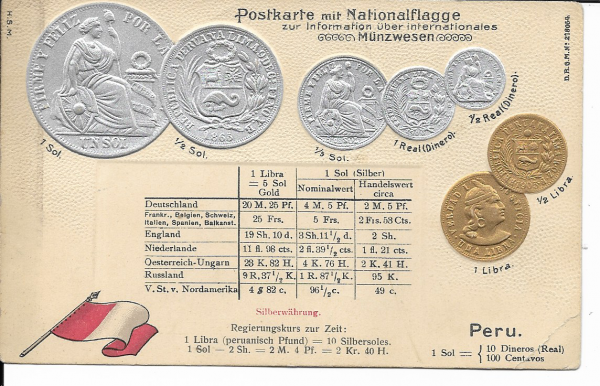 Präge-AK Peru, Nationalflagge und Münzen mit Umrechnungstabelle