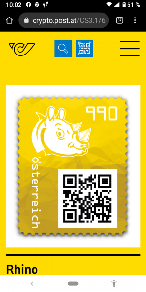 Crypto Stamp 4 - Rhino Gelb / 4 Rhino yellow crypto stamp edition Postfrisch