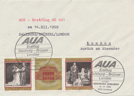 Erstflug AUA Salzburg-Brüssel-London 14.12.1969