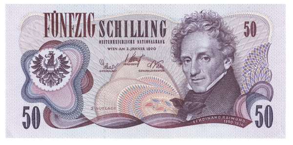 50 Schilling 2.1.1970 Ferdinand Raimund 2 Auflage G519212L ANK 284 Burgtheater unc.
