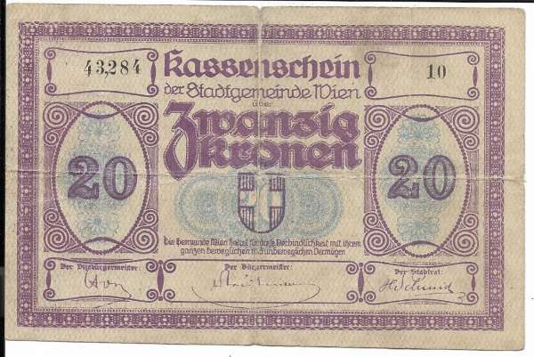 20 Kronen Wien Kassenschein 1.11.1918 Nr.10 43284