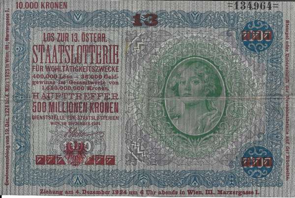 Donaustaat Noten 1000 Kronen mit Lotterieaufdruck 13 Lotterie 1924 ANK197-134964