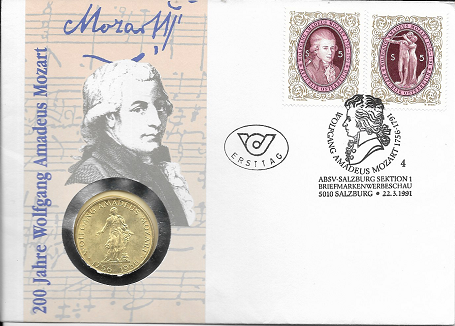 250 Jahre Mozart 1991 mit 25 Schilling Münze in Silber Numisbrief