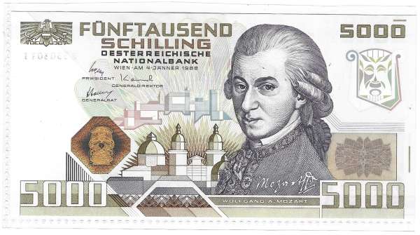 5000 Schilling 4.1.1988 Wolfgang Amadeus Mozart Neu unc.1 B 330302 I Ank.Nr. 290 Pick 153