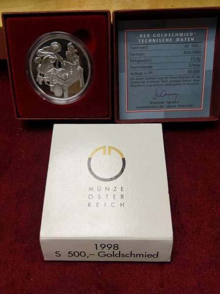 ANK Nr. 54 Goldschmied 1998 PP 500 Schilling nur Box mit Schleife