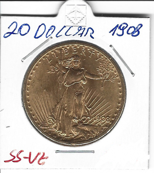 20 Dollar 1908 USA Gold $20, Double Eagle St. Gaudens U.S. Mint