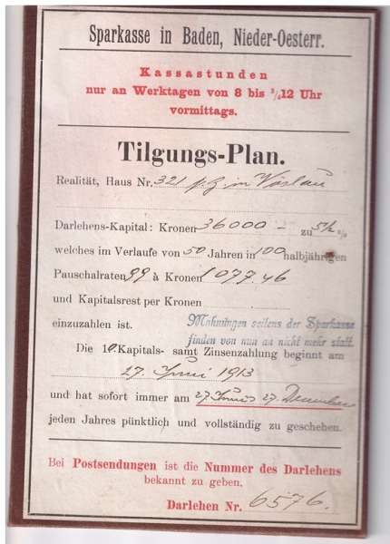 Sparbuch Sparkasse in Baden N-Österr. Tilgungsplan 1913