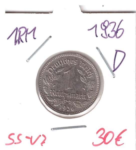 1 RM Reichsmark 1936 D Nickel