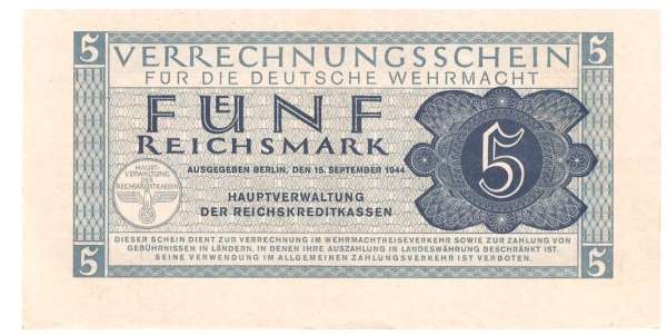 5 Reichsmark 1942-1944 Ros. 512 Verrechnungsschein 5 RM Dt. Wehrmacht 15. Sept.1944 - UNC
