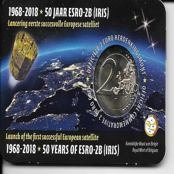 2 Euro Belgien 2018 Coincard 50 Jahre europäischer Satellit ESRO