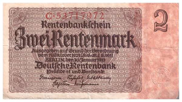 2 Rentenmark 30.1.1937 Wz. Kopf C-53717972 Ank.228