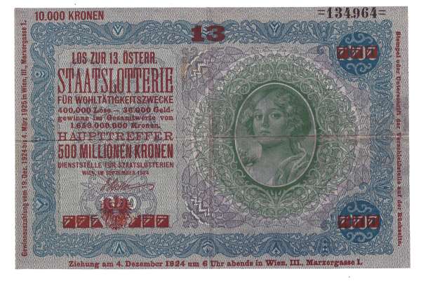 Donaustaat Noten 1000 Kronen mit Lotterieaufdruck 13 Lotterie 1924 ANK197-134964
