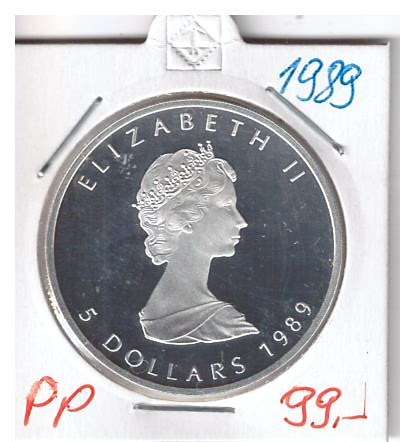 5 DOLLAR 1989 Canada Maple Leaf PP Silber 1 Unze
