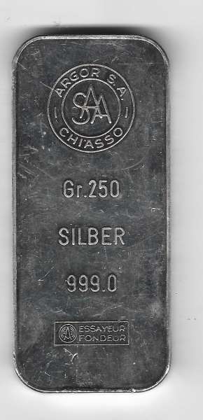 1/4 Kilo 250 Gramm Silber Barren Argor Chiasso SAA 999,0 Fein