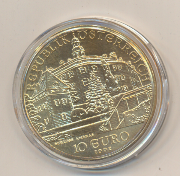 10 Euro Silber 2002 Schloss Ambras 24 Karat Vergoldet Ank. Nr.01