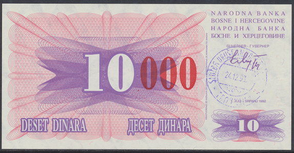 Bosnien Herzogowina- 10 000 Dinara 24.12.1993 unc - Pick Nr.53d Rot