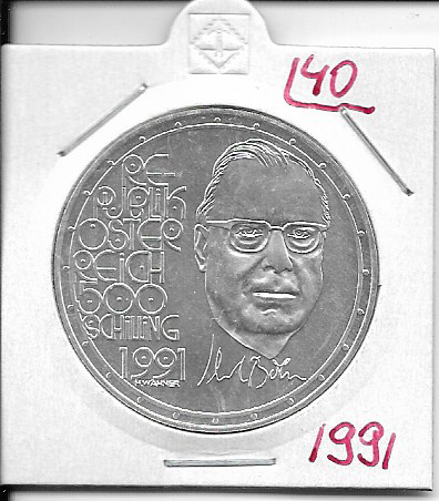 ANK Nr. 40 Karl Böhm 1991 500 Schilling Silber Normal