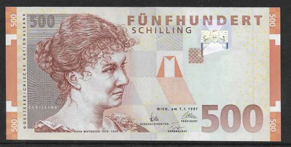 500 Schilling 1.1.1997 Rosa Mayreder Erh. unc. 1 Nr.AB438643T Pick 154 Ank.291