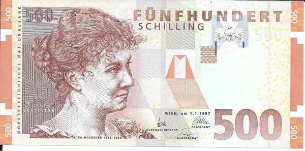 500 Schilling 1.1.1997 Rosa Mayreder Bankfrisch unc. 1 Nr. AA 069552J Pick 154