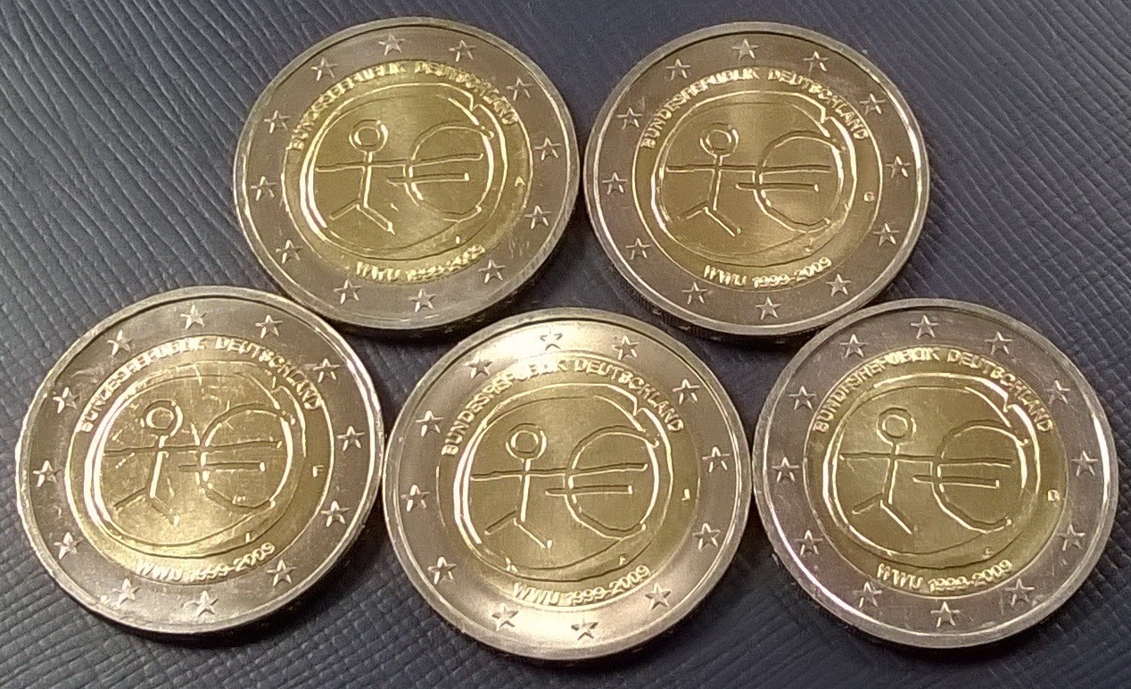 2 Euro Deutschland 2009 10 Jahre Euro alle 5 Prägestätten A,D,F,G,J WWU 2 Euro Wirtschafts