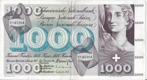 1000 Franken 1967 Pick 52 Nr.3Y45304