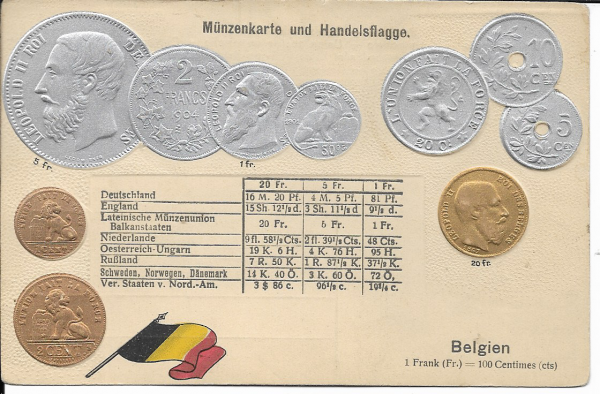 Präge-AK Belgien, Nationalflagge und Münzen mit Umrechnungstabelle