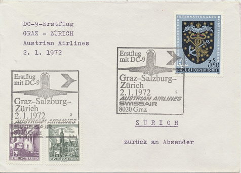 Erstflug Aua DC-9 Graz - Salzburg - Zürich 2.1.1972
