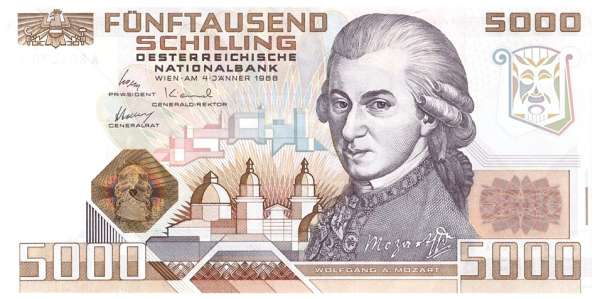 5000 Schilling 4.1.1988 Wolfgang Amadeus Mozart Neu unc. Nr. A 804070 G Ank.Nr. 290 Pick 153