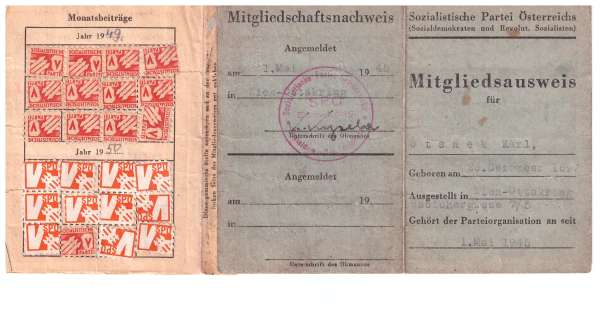 Mitgliedsausweis für Sozialistische Partei Österreichs 1945-1950
