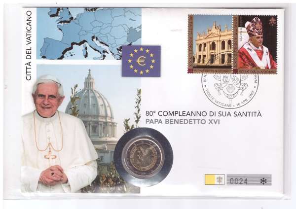 2 Euro Numisbrief Vatikan 2007 80 Geburtstag Benedikt XVI