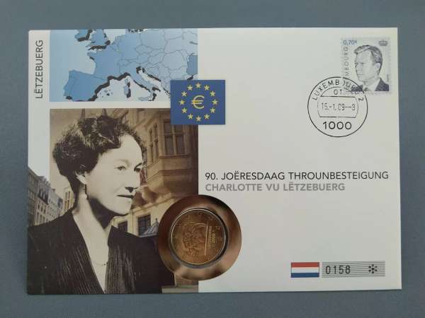 2 Euro Numisbrief Luxemburg - 90. Jahrestag Thronbesteigung 2009