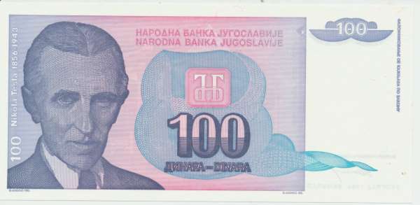 Jugoslawien-Yugoslavia - 100 Dinara 1994 UNC - Pick Nr.139 Nikola Tesla