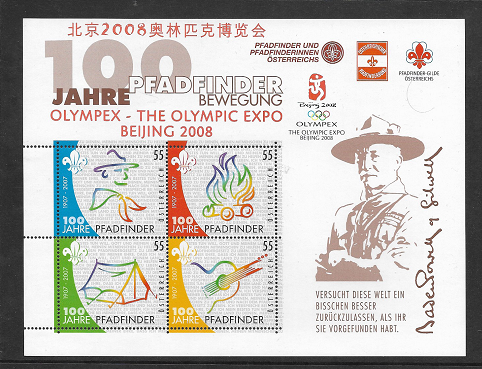 ÖSTERREICH - Blockausgabe 100 Jahre Pfadfinder 2007 Aufdruck "Olympia Beijing"