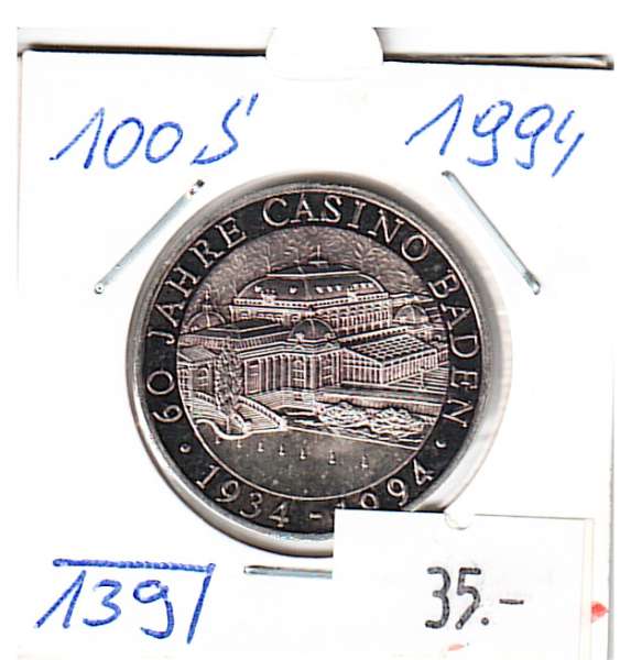 Nr. 139 60 Jahre Casino Baden 1994 Casinos Austria Silber Casino Jeton 100 Schilling