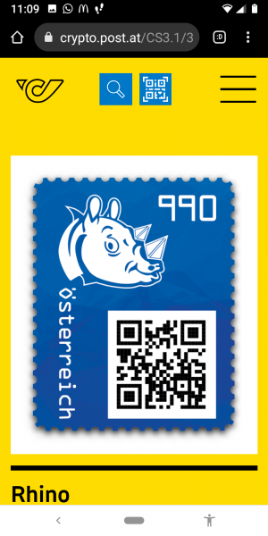 Crypto Stamp 4 - Rhino Blau / 4 Rhino blue crypto stamp edition Postfrisch